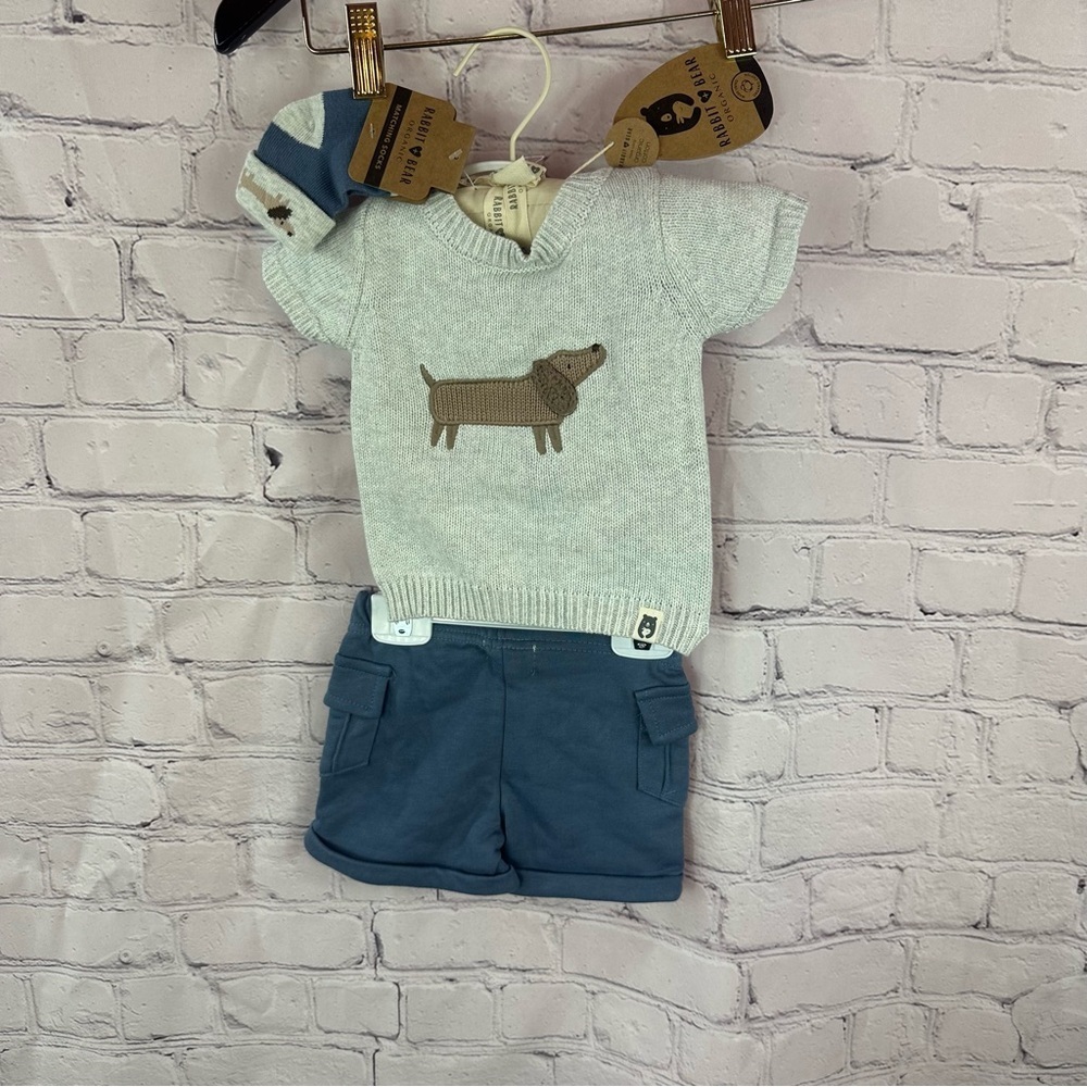 NWT rabbit + Bear Gray dachshund Sweater Shorts & socks Set organic cotton